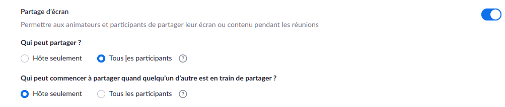 Réglage autorisation de partage d'écran sur Zoom